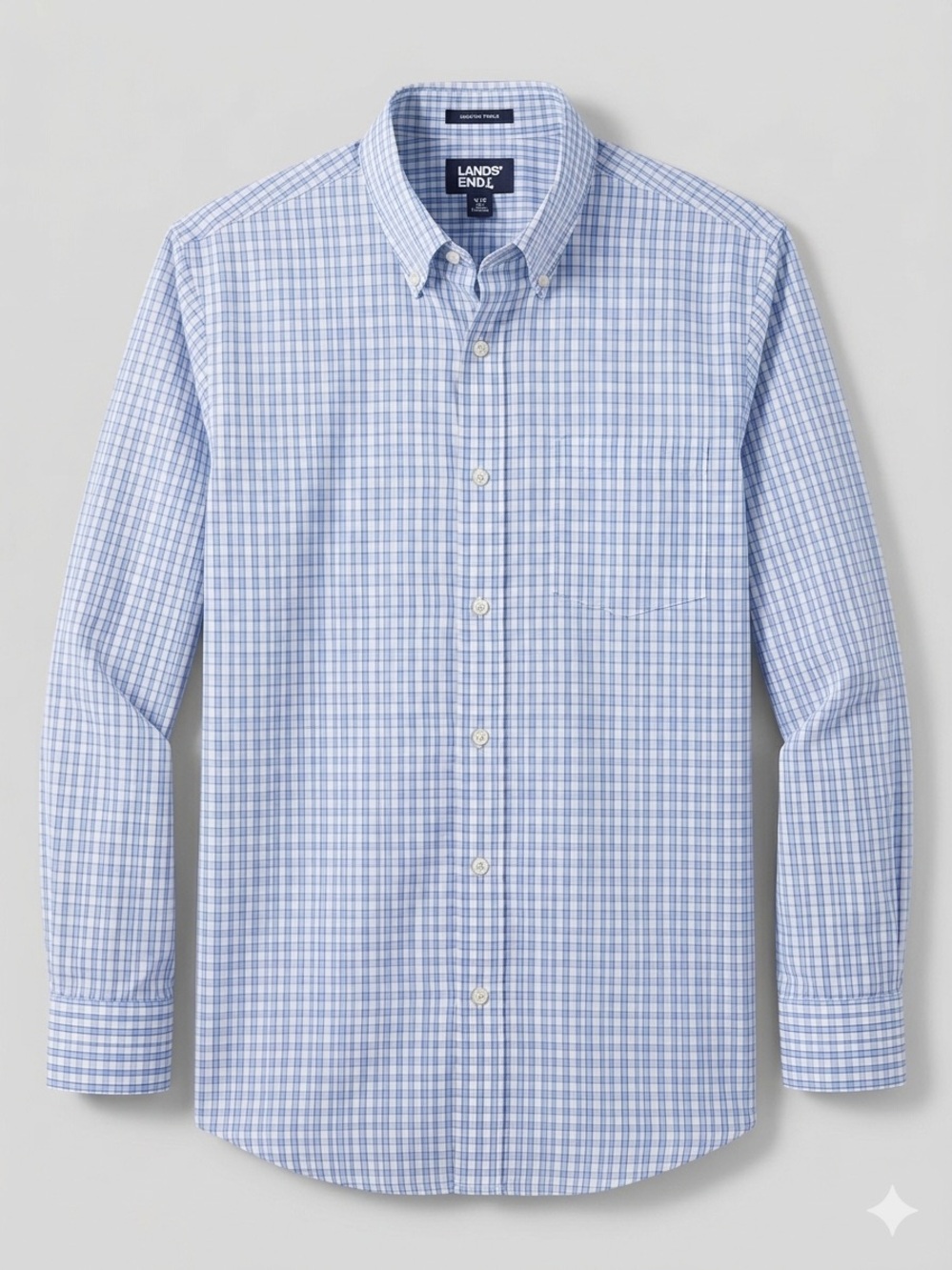 Lands' End Men's Blue and White Windowpane Plaid Button-Down Shirt